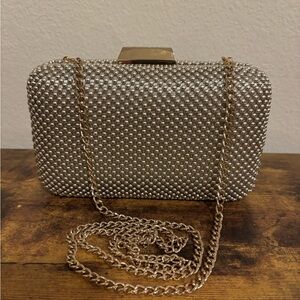 Olga Berg Natasha Silver Evening Clutch with Removable Chain Strap